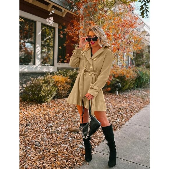 Women's Z-khakii Zeagoo Winter Trench Coat Faux Fur Lapel Double Breasted - Picture 4 of 5